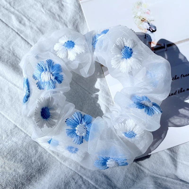 Encaje de flor coreana Encaje de intestino grueso Anillo de cabello femenino Cabeza de flor de viento pastoral Cuerda de cabeza de bola de gran tamaño Accesorios para el cabello de alta calidad