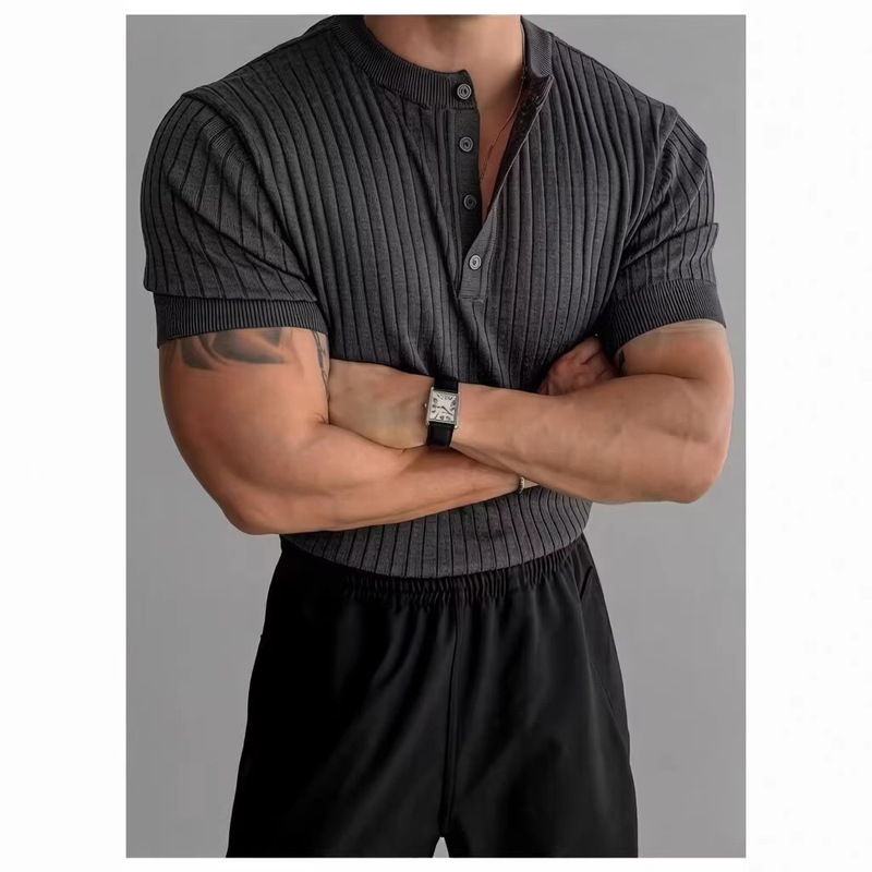 Henry Collar Short-Sleeve Knit Shirt for Men with Buttons, Dark Pattern, British Style, Slim Fit, Summer Ice Silk, Trendy, Foreign Trade, Cross-Border Wholesale