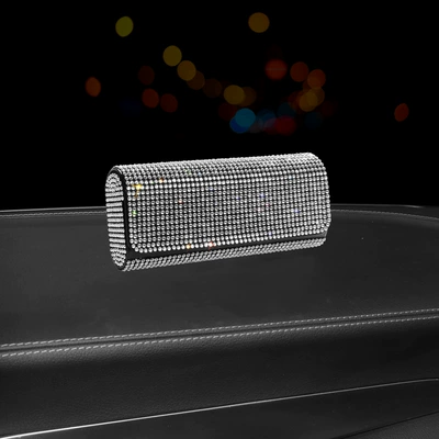 Cross-Border Car-Mounted Diamond-Encrusted Glasses Case, Full of Diamonds, High-End Sun Visor Storage Box, Luxurious Car Sunglasses Holder, Sunglasses Case (Car Glasses Clip/Bill Clip) - white-diamond