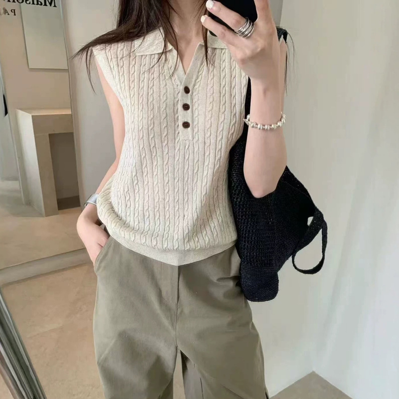 Elegant and Lightweight~ Cool Linen Polo Shirt, Sleeveless Knitted Vest for Women, Summer New Style Turn-Down Collar Top Elegant and Lightweight~ Cool Linen Polo Shirt, Sleeveless Knitted Vest for Women, Summer New Style Turn-Down Collar Top