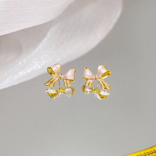 Sterling Silver French Cream Butterfly Knot Earrings, Lightweight Luxury Cute Style Overlapping Earrings, Fresh and Sweet Ear Decorations