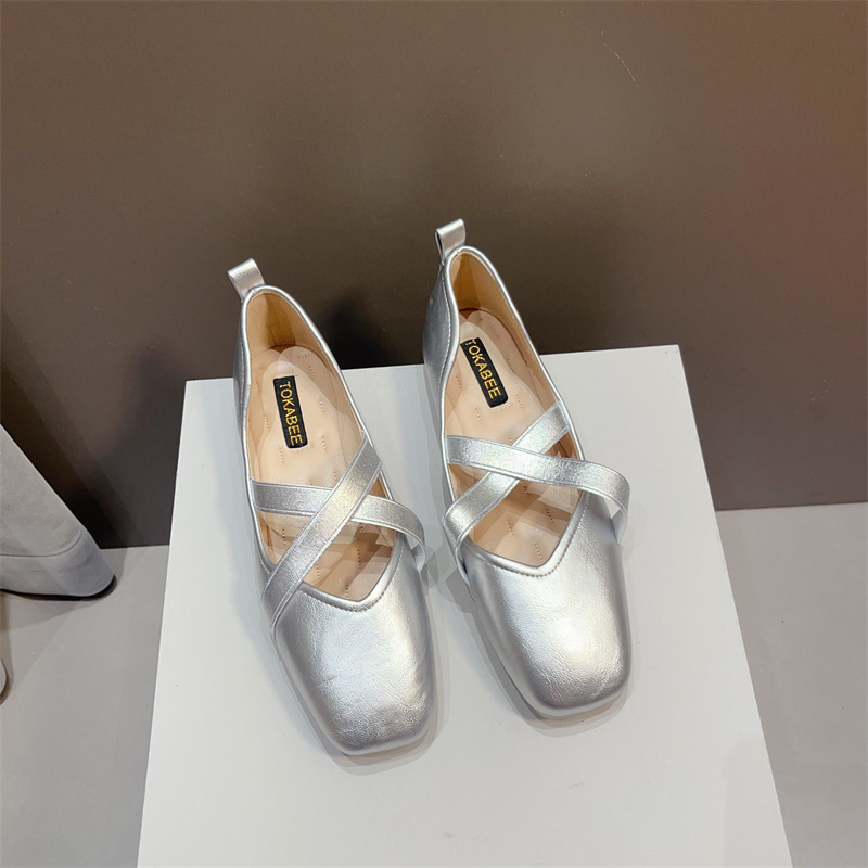 Gentle Shoes silver Shoes Women's Korean Style New Spring and Autumn Soft Bottom Square Toe French Shallow Mouth Ballet Mary Jane Flats