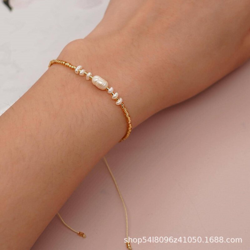 Cross-Border Bohemian Style Natural Freshwater Pearl Golden Rice Beads Adjustable Women's Drawstring Bracelet