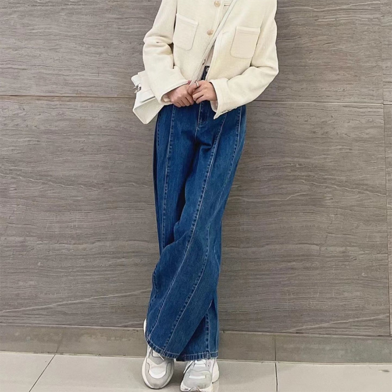 Quần jean nữ ống rộng cạp cao dáng chuối xếp ly denim dễ phối — Màu xanh lam chi tiết 9