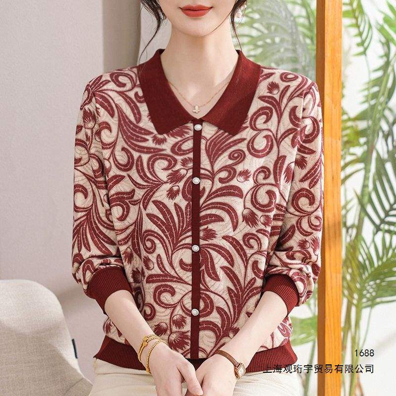 中老年春秋长袖针织上衣50岁妈妈秋装新款翻领打底衫女装薄小衫