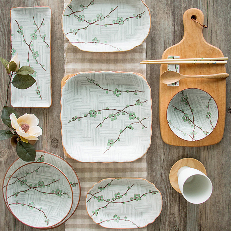 Korean Imported Green Plum Qingying Ceramic Bowl and Plate Dinnerware Set for Home Use, Rice Bowl, Soup Bowl, Dish, Fruit Plate