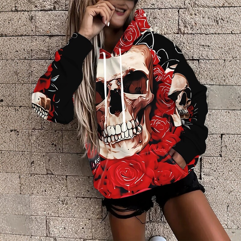 Autumn/Winter Mexican Day of the Dead Women's Hoodie with Colorful Sugar Skulls and Sunflowers, 3D Full Print, Drawstring Pocket