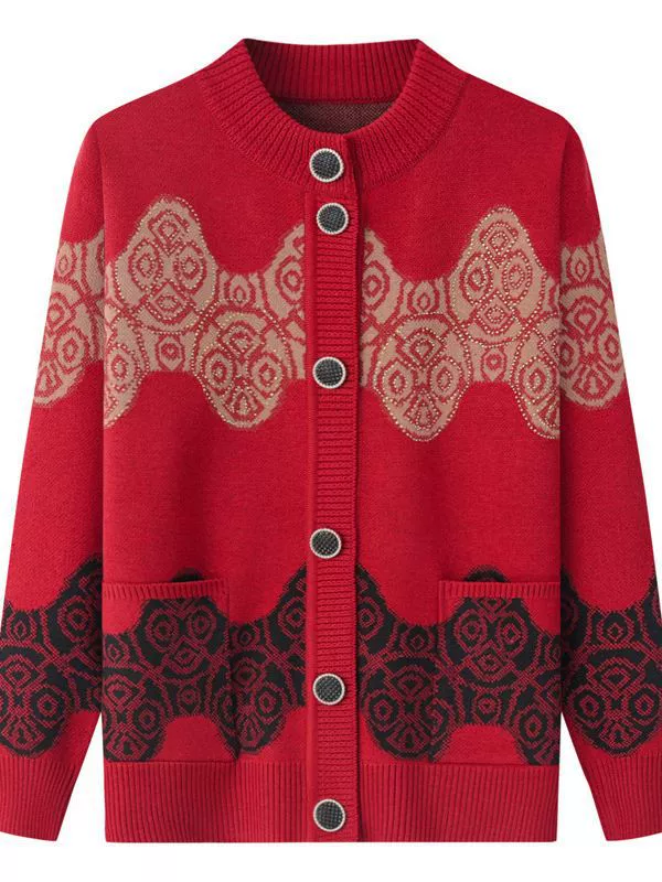 Demi-season sweater, warm jacket, spring knitted cardigan for mother, for middle age