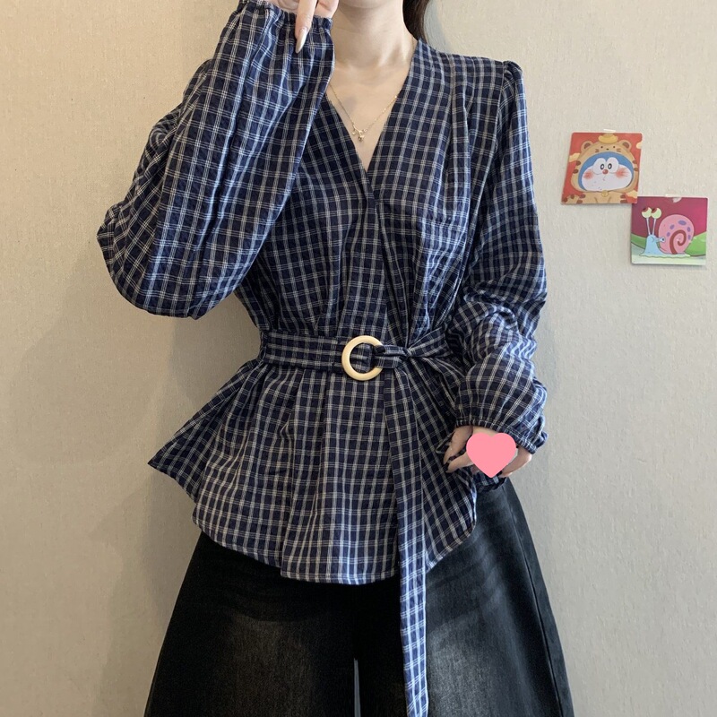 复古格纹领长袖衬衫女春秋新款大码胖显瘦高级感收腰打底上衣|undefined