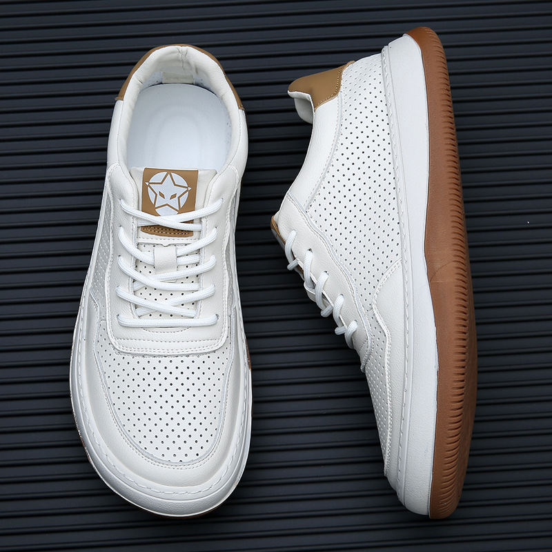 Summer New Sneakers Men's Genuine Leather Breathable Sandals Men's Hollow Hole Shoes Thick Sole White Shoes Casual Sandals