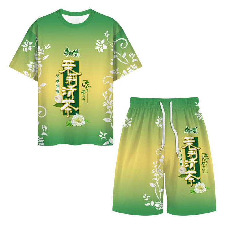 Custom-Made Trendy Fun Ice Tea Jasmine Short-Sleeve Round-Neck T-Shirt and Shorts Set for Summer, Unisex Fashion