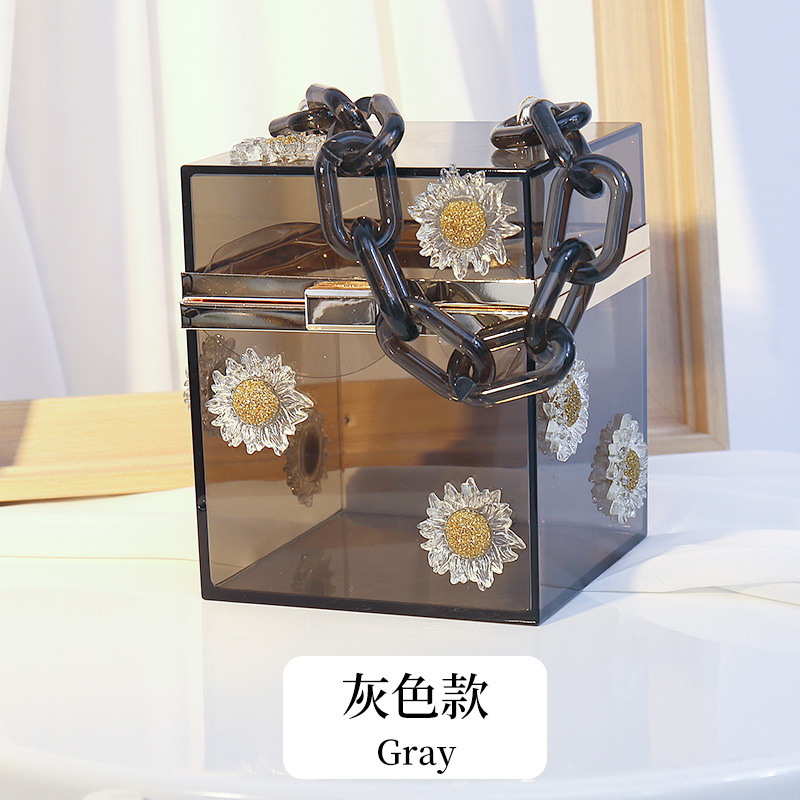 Creativo nuevo Margarita acrílico cadena de las mujeres caja cuadrada moda todo partido bolso transparente oblicuo bolso transfronterizo