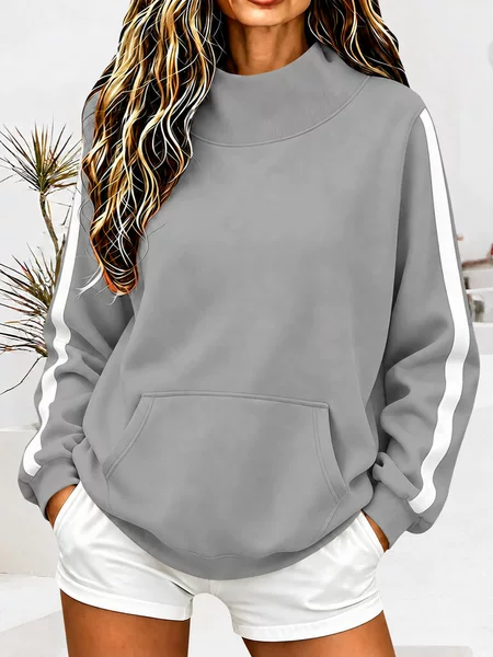 2026 Cross-Border European and American Autumn/Winter New Women's High-Neck Ribbed Sweatshirt Loose Casual Sporty Style Sweatshirt with Striped Sleeves for Women
