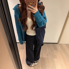 韩系秋冬季穿搭拉链连帽针织开衫毛衣女宽松慵懒风松弛感外套上衣