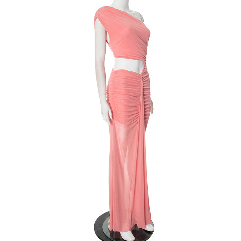 Women Clothing Spring Summer Solid Color Elegant Socialite Pleated Sexy Oblique Shoulder Dress Women