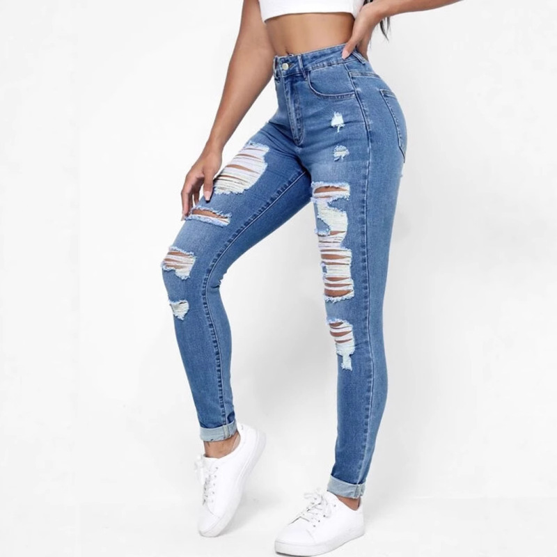 ヨーロッパとアメリカの女性用スキニージーンズ、ハイウエスト、スリムフィット、破れ加工、万能ペンシルパンツ、小足パンツ|undefined