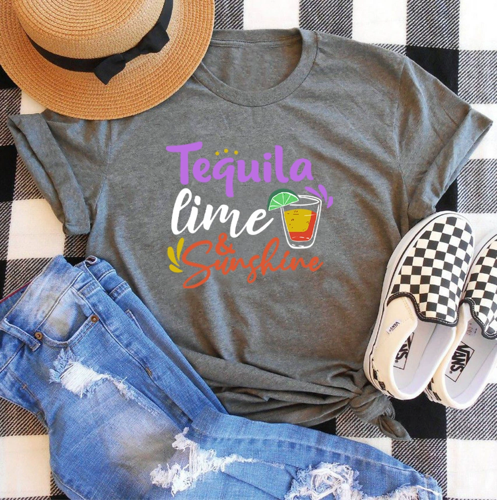 Футболка с ярким принтом «Текила, лайм и солнце», свободная футболка унисекс с короткими рукавами
