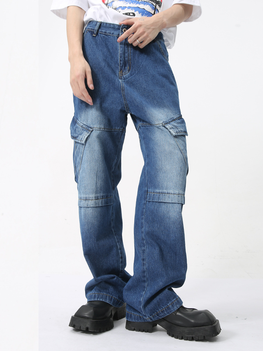 MTLCLOTHES para hombre | 2024 verano nuevo producto deconstrucción de nicho de bolsillo grande azul oscuro jeans de trabajo blanco