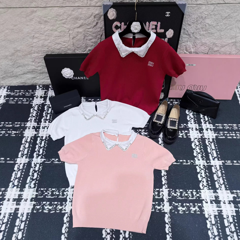 2025 Early Autumn New Style Contrasting Color Doll Collar Short-Sleeved Gray Knitwear College Style Bottoming Shirt Top for Women