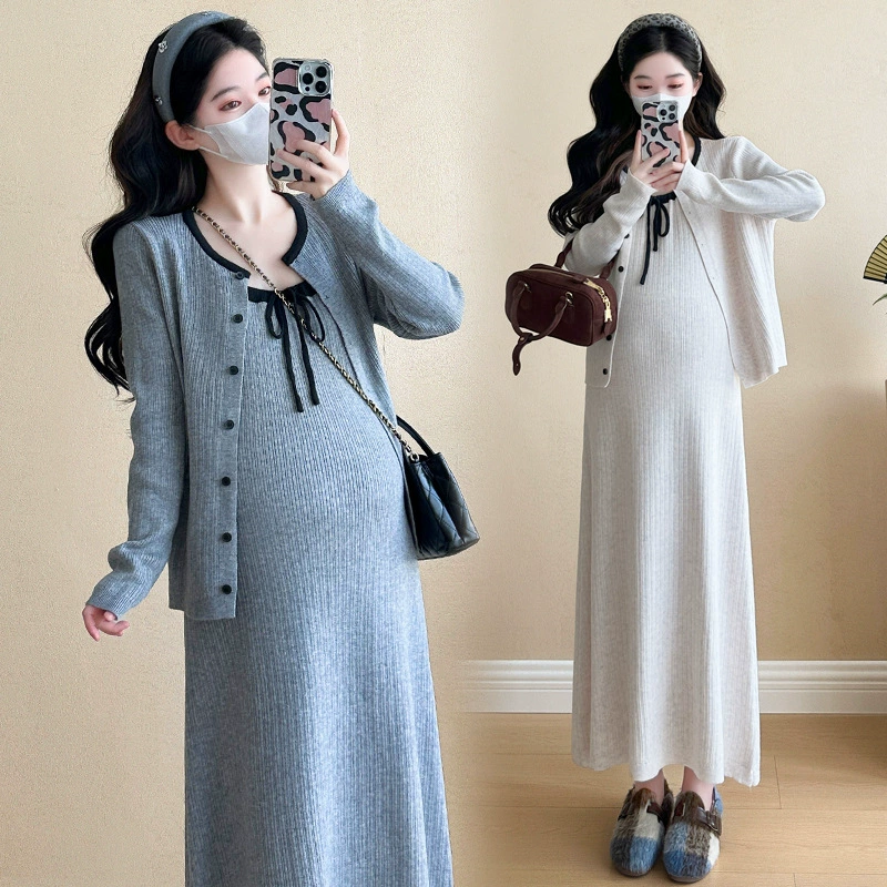 Демисезонное модное вязаное платье для беременных, slip dress, кардиган, яркий запоминающийся стиль, облегающий