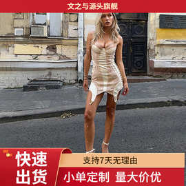跨境女装性感辣妹蕾丝拼接吊带束腰修身绑带短款包臀连衣裙