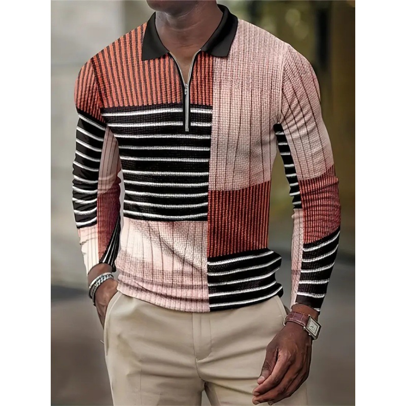 Abstracto geométrico contraste raya 3D estampado hombre calle suelta solapa primavera y otoño cremallera de manga larga camisa POLO