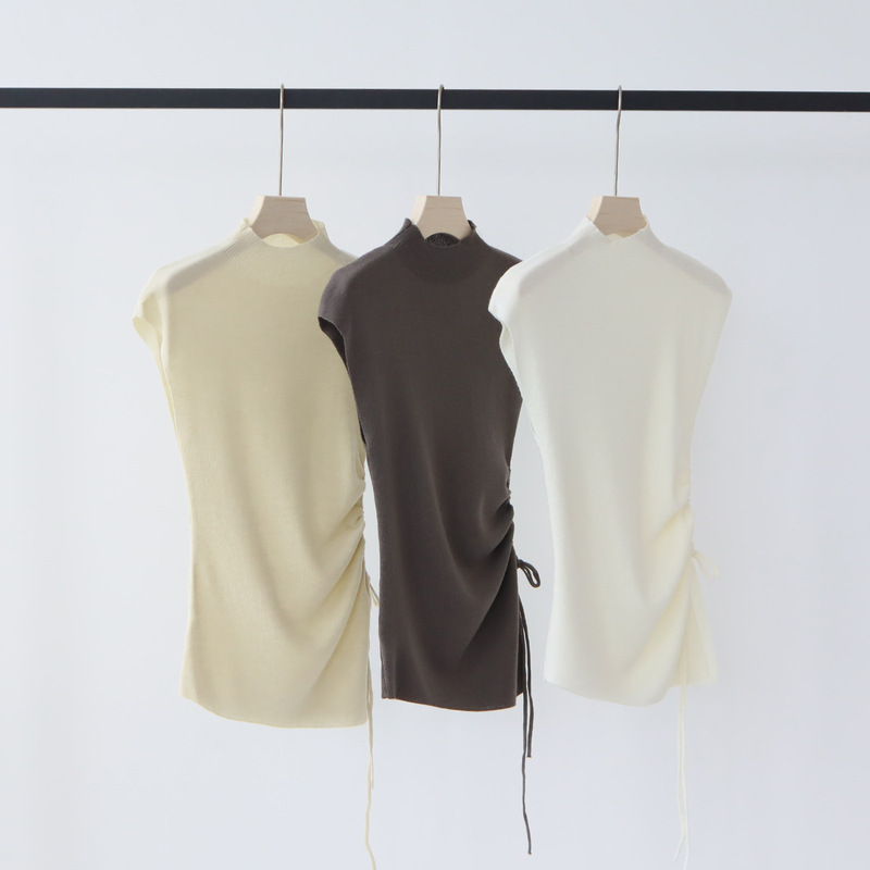 Design Irregular One-sided Drawstring Slim-fit Knitwear Sleeveless Top Early Autumn New Half-high Collar Inner Base