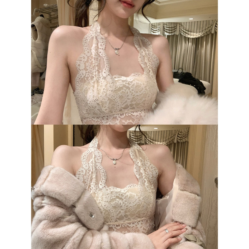 Gentle Style Lace Thin Camisole for Women, Halter Neck Bra Top, Slim Fit with Chest Pads, Versatile Outerwear Gentle Style Lace Thin Camisole for Women, Halter Neck Bra Top, Slim Fit with Chest Pads, Versatile Outerwear