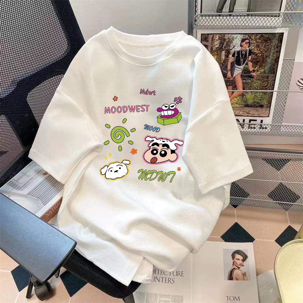 厂家批发卡通蜡笔小新图案印花上衣简约百搭情侣款五分袖体恤衫