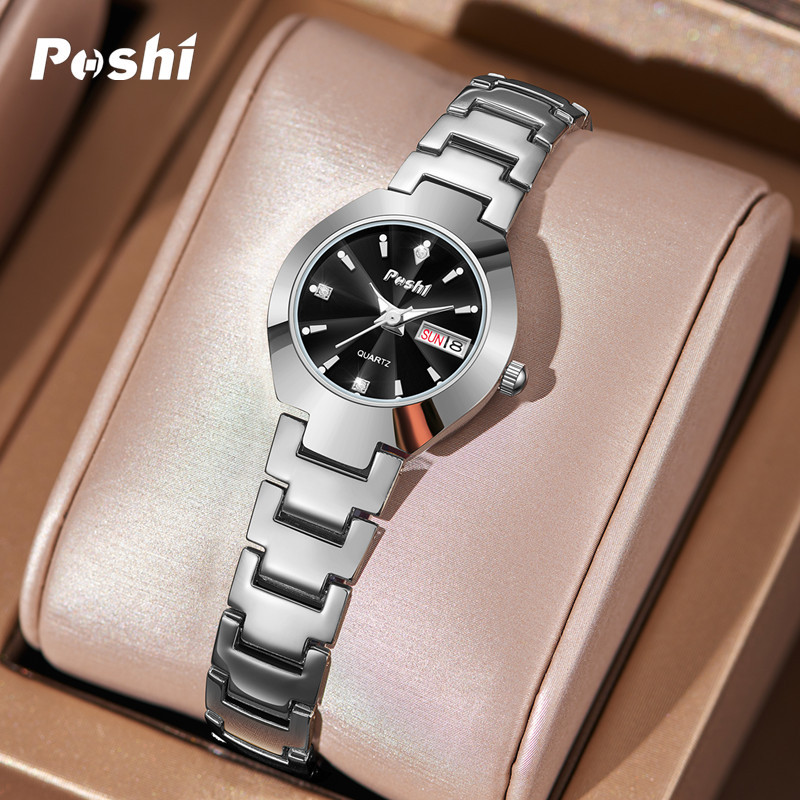 POSHI reloj niñas de moda impermeable luminoso simple elegante correa de acero doble calendario reloj de cuarzo reloj femenino