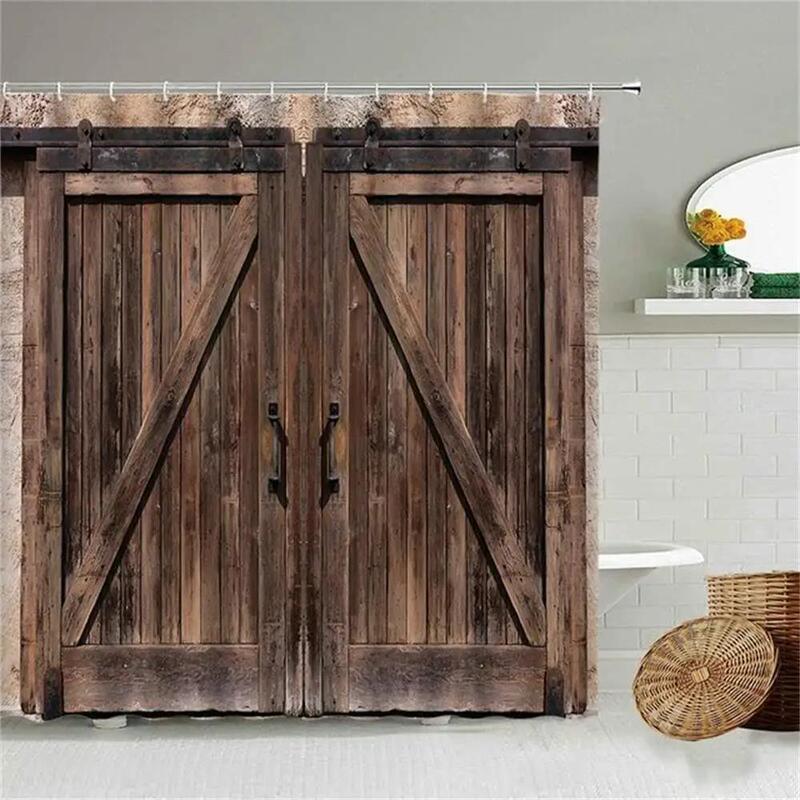 rustic wooden barn door decorative bathroom shower curtain western country theme retro rural farmhouse door shower curtain set