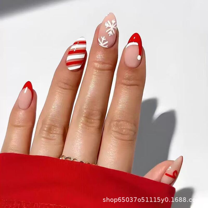Manicure Patches, European and American Christmas Nail Patches, 24 Pieces Boxed Red Christmas Hat Snowflake Style