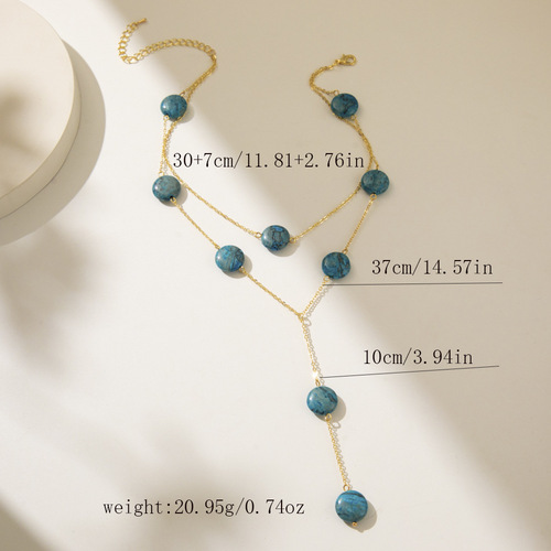 年新款 创意蓝色天然石吊坠流苏时尚链 简约双层项链街拍饰品