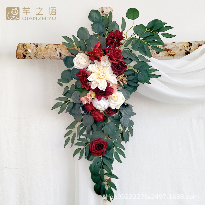 新款亚马逊手工制作拱门花门楣花婚礼仪式背景装饰玫瑰红色套装