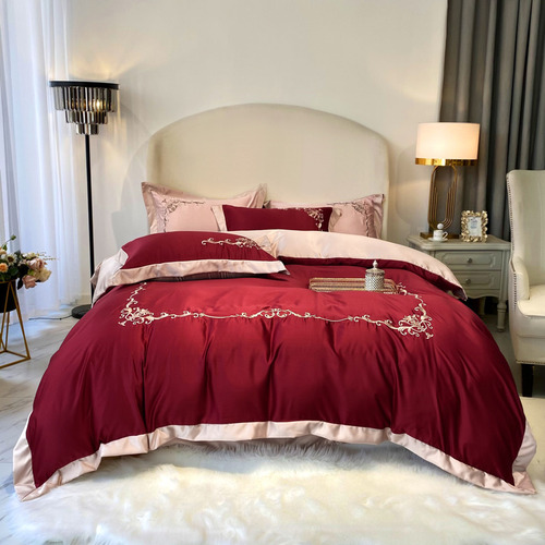 Summer ice silk four-piece set wedding burgundy bed sheets 1.8 bedspread quilt cover ice silk satin wedding room bedding