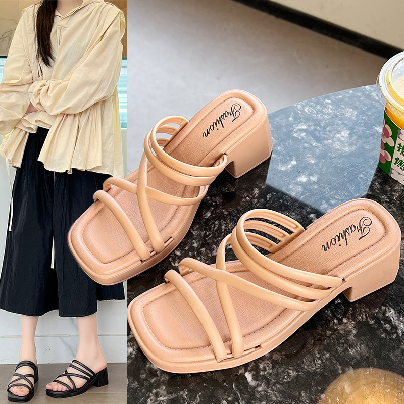新款增高粗跟凉鞋女细带防水台露趾高跟鞋绑带韩系罗马鞋凉拖鞋