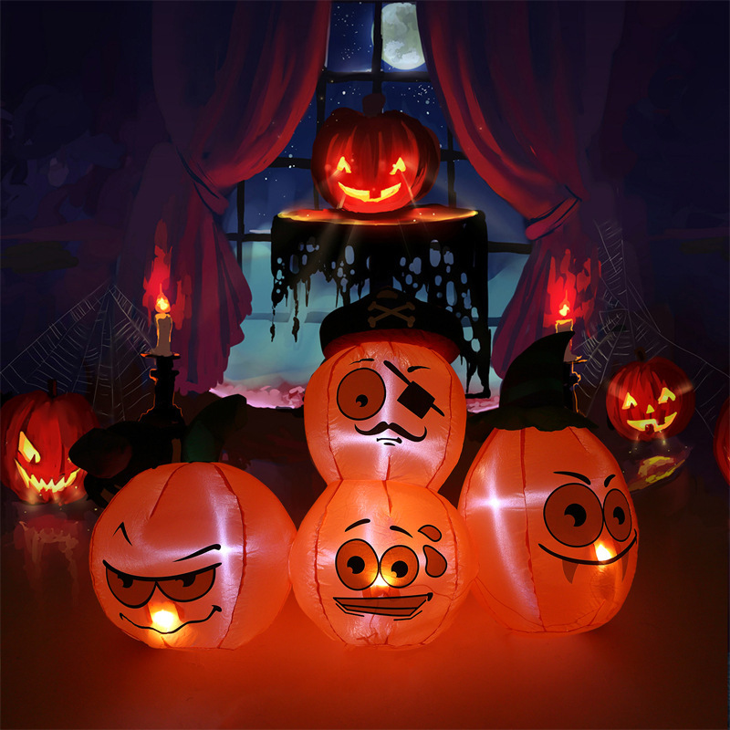 跨境万圣节充气四个南瓜组合气模1.5米发光庭院草坪布置道具摆件