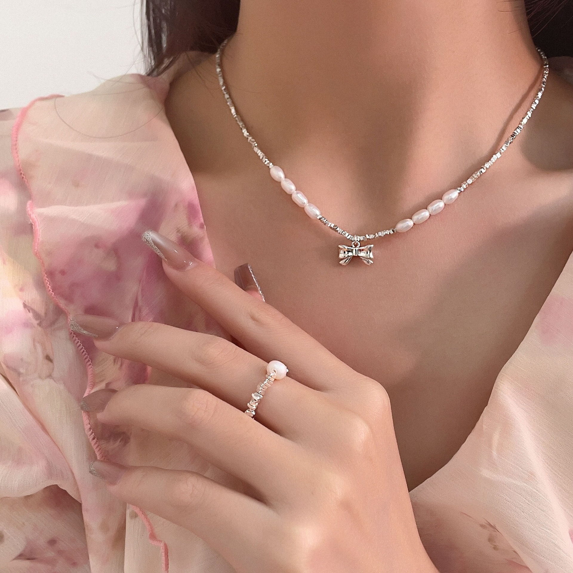 银瑞泰s925纯银蝴蝶结淡水珍珠碎银项链女小众设计高级感套装饰品