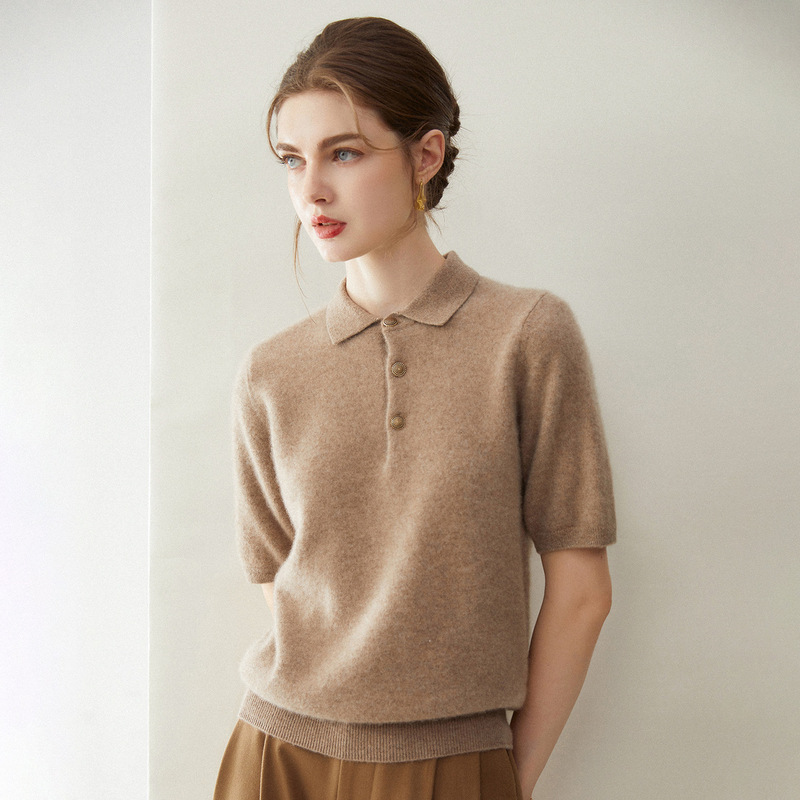 Cashmere Short-Sleeve Women's Soft Goat Cashmere Autumn and Winter New Polo Collar Pullover Versatile Solid Color Knit Half-Sleeve