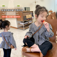 Elmo Beibei children's clothing spring and autumn new children's Korean style tops trendy girls plaid fungus doll shirt