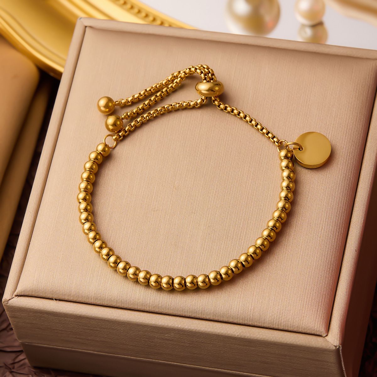 Nuovo bracciale Ins Gold in acciaio inossidabile con perline incise e regolabile_voghion.com