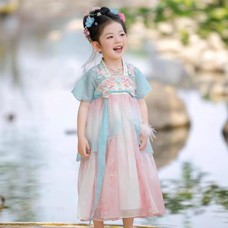 女童汉服襦裙夏季宝宝中国风古装短袖超仙刺绣薄款女童国风连衣裙|undefined