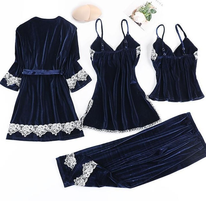 Women’s Gold Velvet Pajama Set with Chest Pad, Sling Nightgown and Long-Sleeve Homewear, Four-Piece — detail image 5