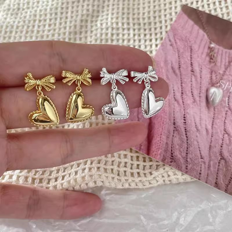Heart Shape, Bow Knot Pattern All Seasons Season 1 Pair Simple Style Heart Shape Bow Knot Plating Copper Drop Earrings