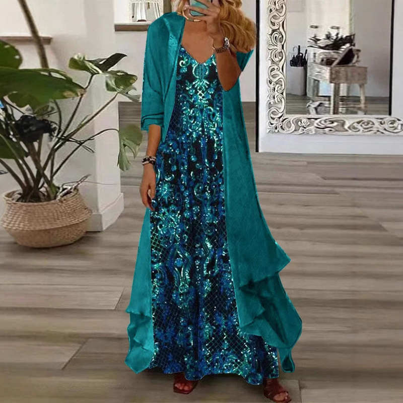 315881 Amazon人気の大きいサイズのレディーススカートスーツVネックサスペンダーインナーメッシュジャケットママ服|undefined