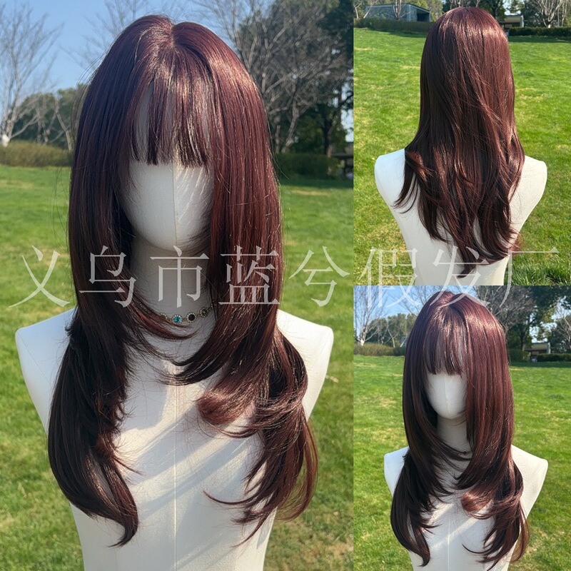 Fashion Layered Raspberry Red 13*6 Large Area Lace with Bangs High Quality Japanese Silk Wig Full Headgear