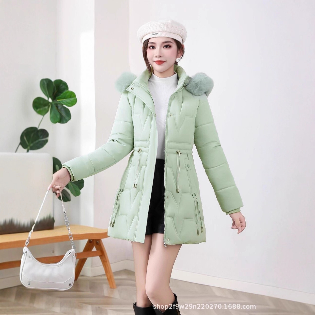 Winter New Ladies Long Jacket Coat Hat Fur Collar Removable Casual Fashion Plus Velvet Jacket Cotton Clothes