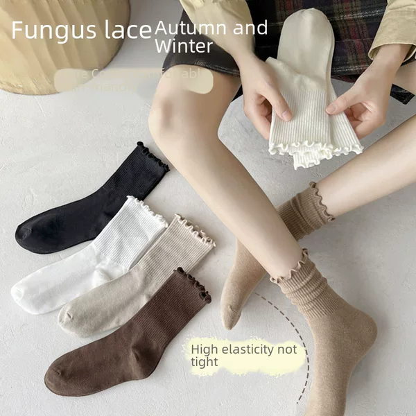 Fungus Edge Socks for Women Spring Cotton Edge Mid-Calf Socks Trendy Japanese Style Style Casual Cotton Socks White Pile Socks Zhuji