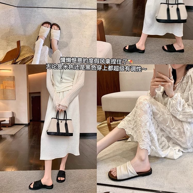 [Sheii Su Yinyin] Bangkok drag ~ Sandalias planas plisadas de lino de playa estilo resort, zapatillas de mujer, verano