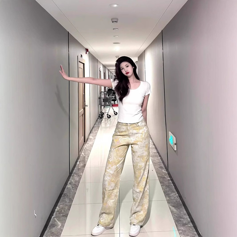 Gagaopt Light-Colored Camouflage Print Slim High-Waisted Casual Pants for Women, Autumn, Height-Enhancing, Slimming, Floor-Length, Flared Pants, Trendy